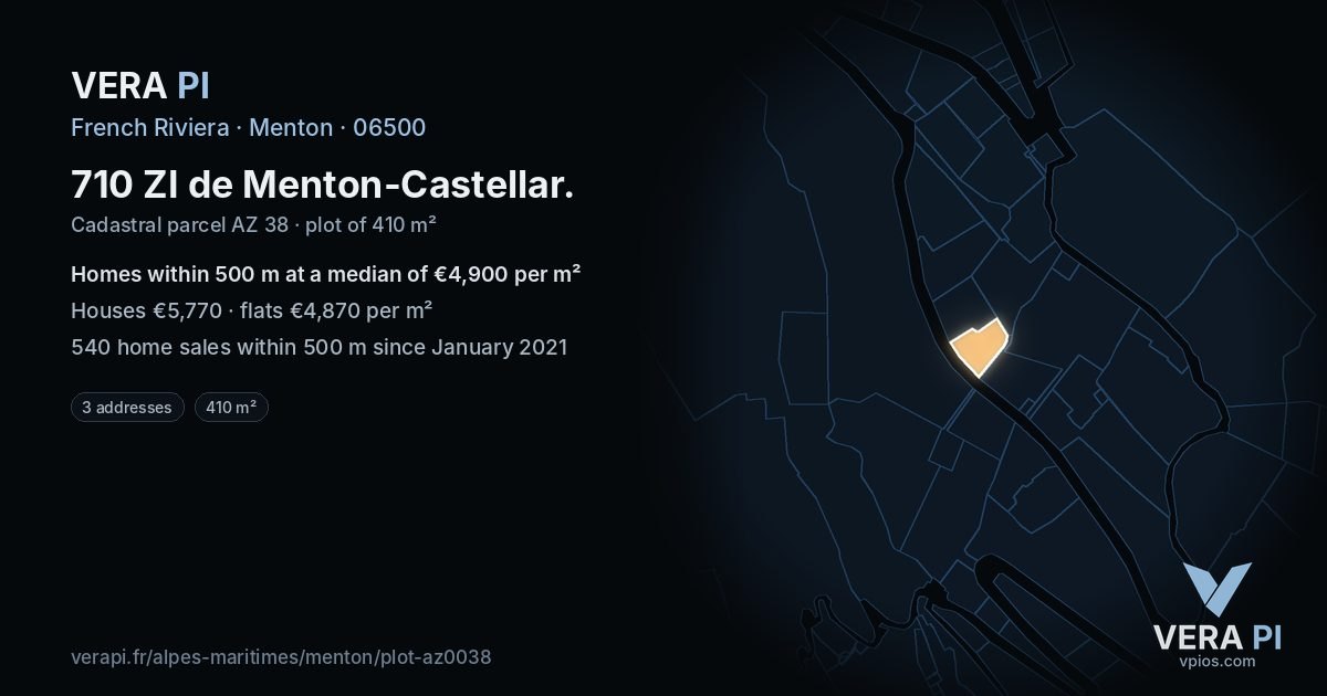 710 ZI de Menton-Castellar, Menton at night – the plot lit, the parcels around coloured by the prices near them