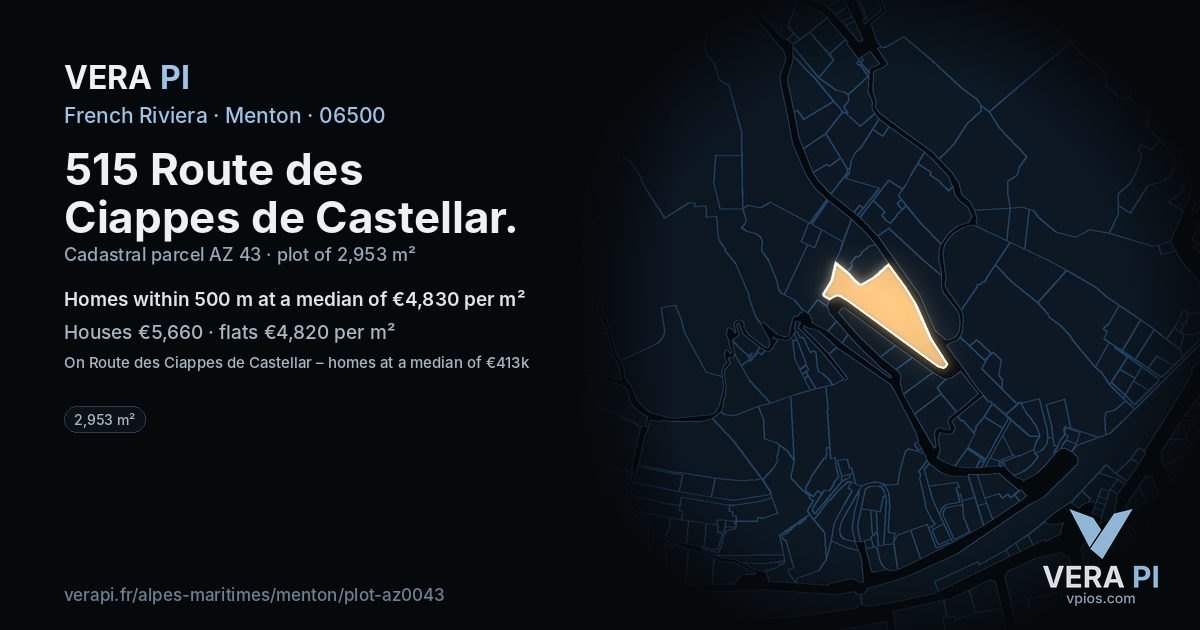 515 Route des Ciappes de Castellar, Menton at night – the plot lit, the parcels around coloured by the prices near them