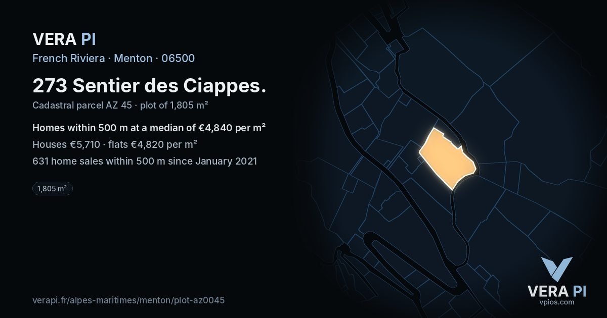 273 Sentier des Ciappes, Menton at night – the plot lit, the parcels around coloured by the prices near them