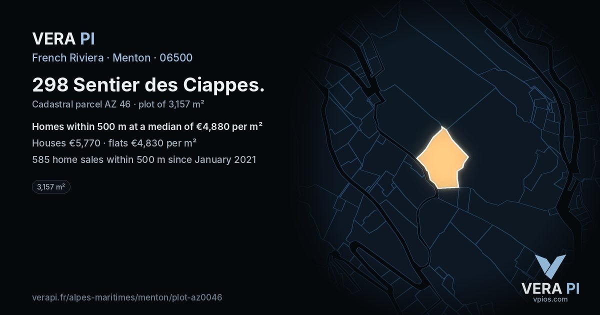 298 Sentier des Ciappes, Menton at night – the plot lit, the parcels around coloured by the prices near them