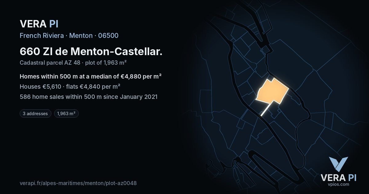 660 ZI de Menton-Castellar, Menton at night – the plot lit, the parcels around coloured by the prices near them