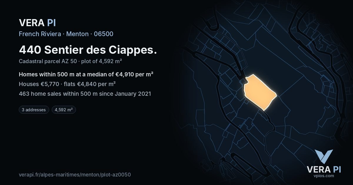 440 Sentier des Ciappes, Menton at night – the plot lit, the parcels around coloured by the prices near them