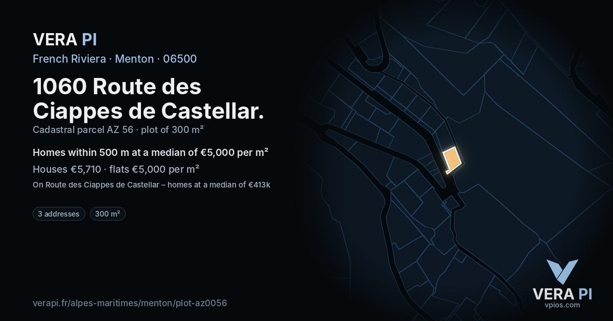 1060 Route des Ciappes de Castellar, Menton at night – the plot lit, the parcels around coloured by the prices near them