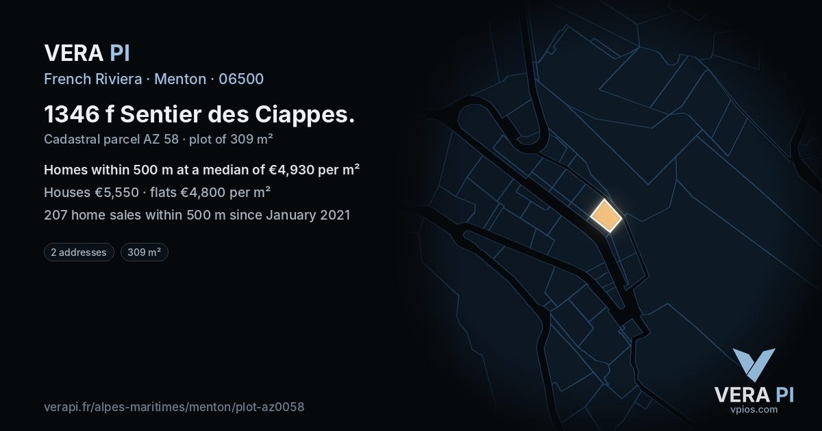 1346 f Sentier des Ciappes, Menton at night – the plot lit, the parcels around coloured by the prices near them