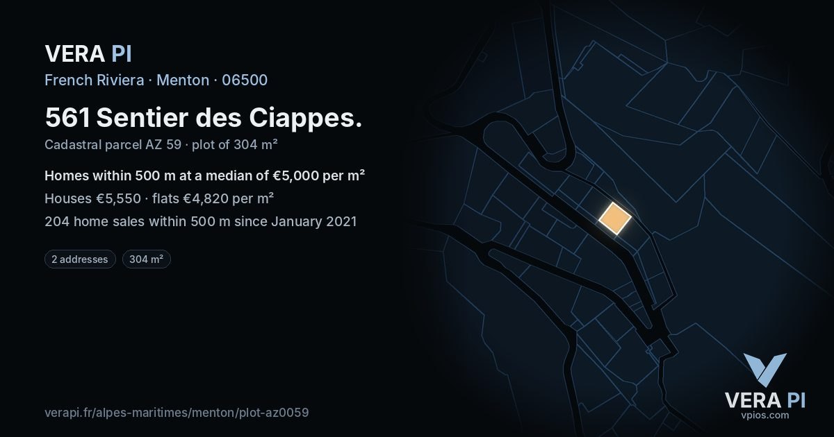 561 Sentier des Ciappes, Menton at night – the plot lit, the parcels around coloured by the prices near them