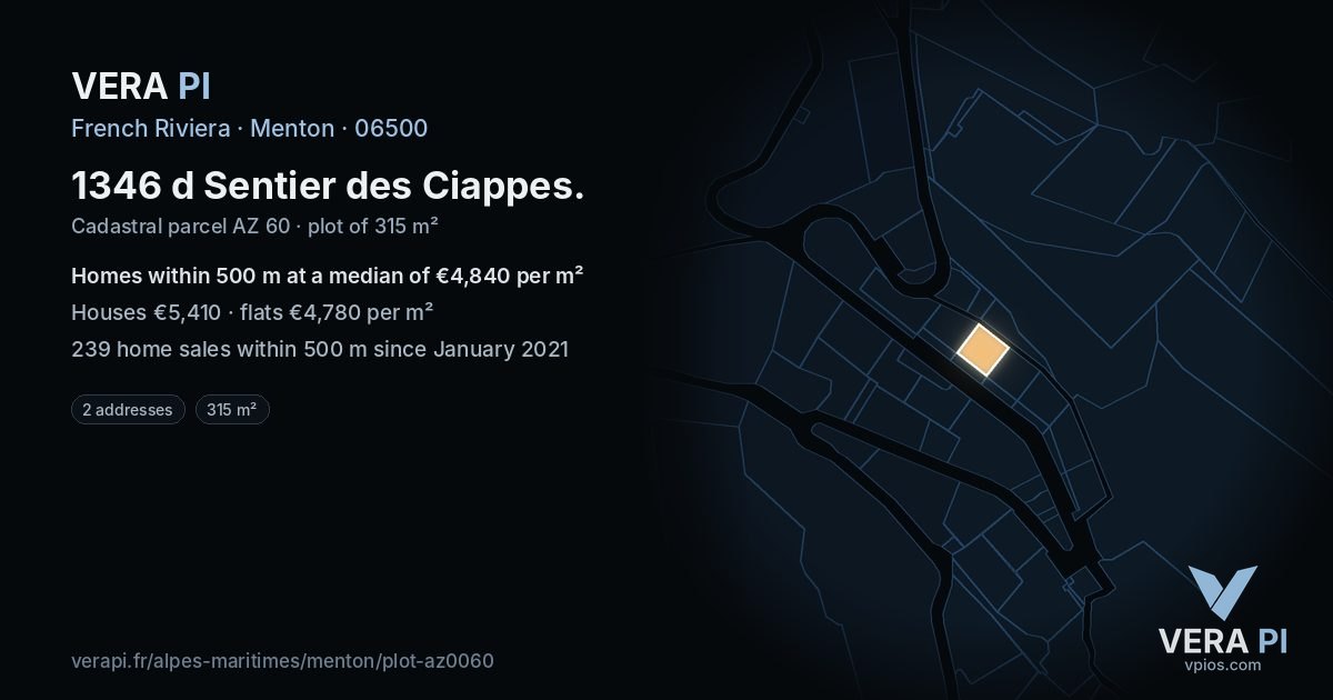 1346 d Sentier des Ciappes, Menton at night – the plot lit, the parcels around coloured by the prices near them