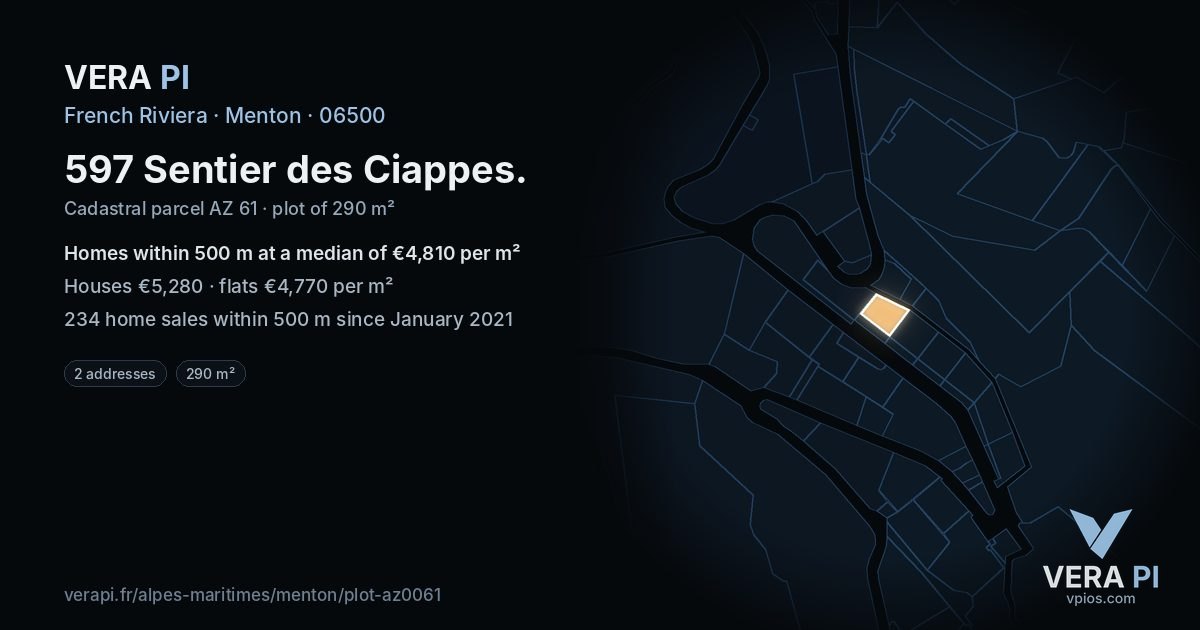 597 Sentier des Ciappes, Menton at night – the plot lit, the parcels around coloured by the prices near them