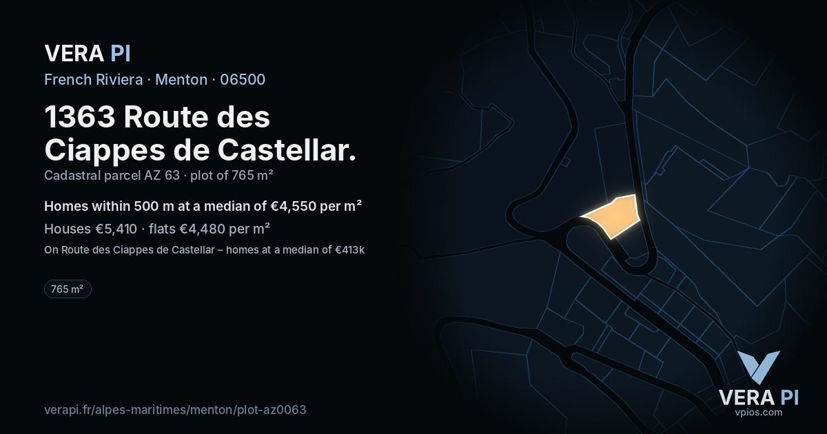 1363 Route des Ciappes de Castellar, Menton at night – the plot lit, the parcels around coloured by the prices near them