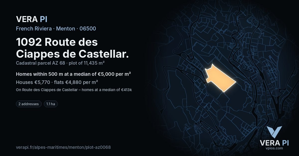 1092 Route des Ciappes de Castellar, Menton at night – the plot lit, the parcels around coloured by the prices near them
