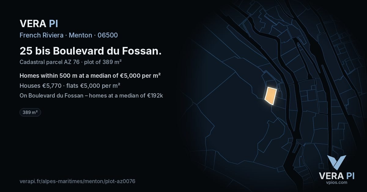25 bis Boulevard du Fossan, Menton at night – the plot lit, the parcels around coloured by the prices near them