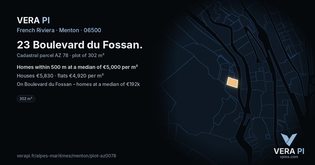 23 Boulevard du Fossan, Menton at night – the plot lit, the parcels around coloured by the prices near them