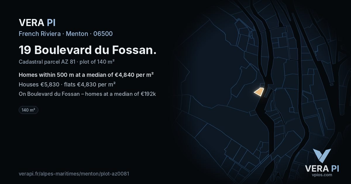 19 Boulevard du Fossan, Menton at night – the plot lit, the parcels around coloured by the prices near them