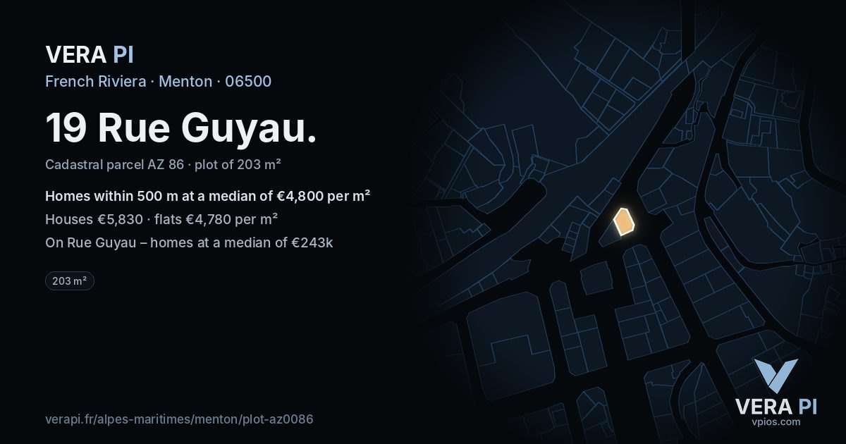 19 Rue Guyau, Menton at night – the plot lit, the parcels around coloured by the prices near them