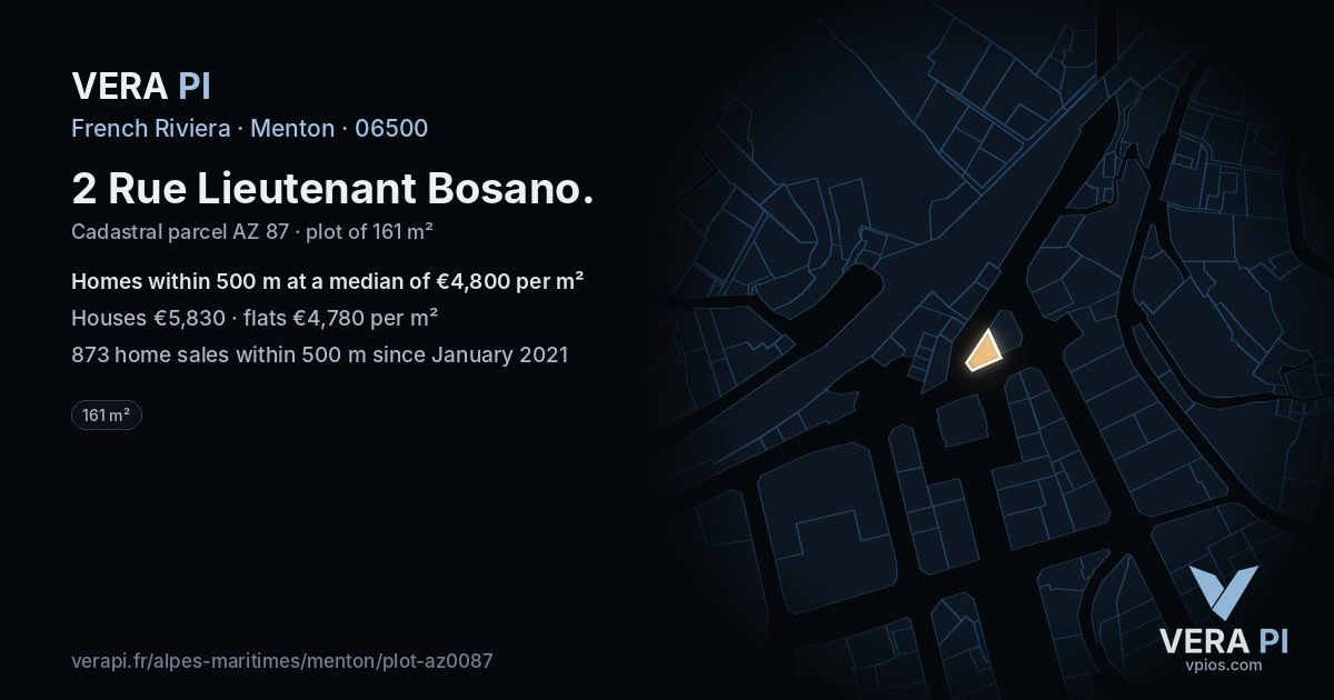 2 Rue Lieutenant Bosano, Menton at night – the plot lit, the parcels around coloured by the prices near them