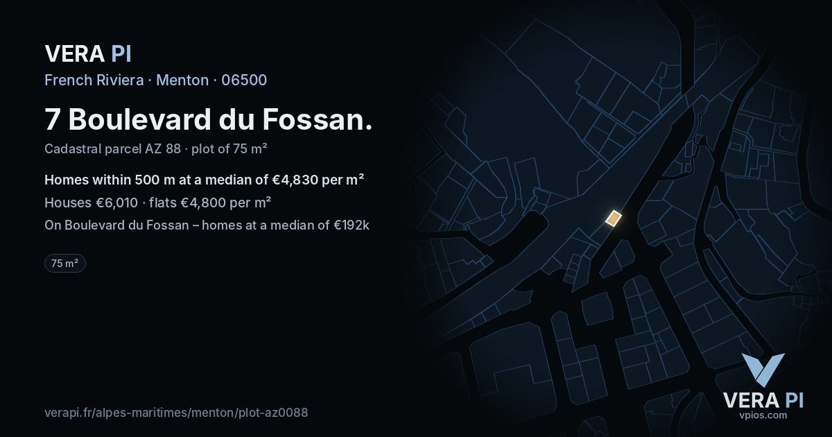 7 Boulevard du Fossan, Menton at night – the plot lit, the parcels around coloured by the prices near them