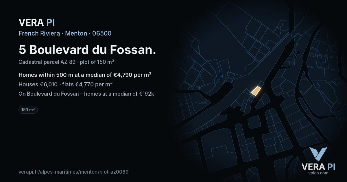 5 Boulevard du Fossan, Menton at night – the plot lit, the parcels around coloured by the prices near them