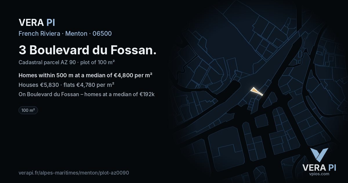 3 Boulevard du Fossan, Menton at night – the plot lit, the parcels around coloured by the prices near them