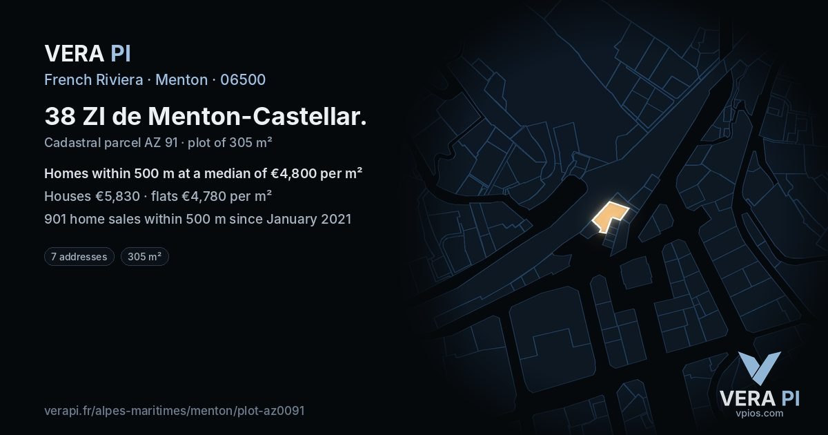 38 ZI de Menton-Castellar, Menton at night – the plot lit, the parcels around coloured by the prices near them