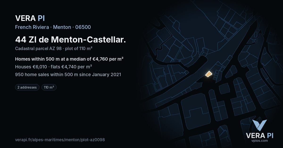44 ZI de Menton-Castellar, Menton at night – the plot lit, the parcels around coloured by the prices near them