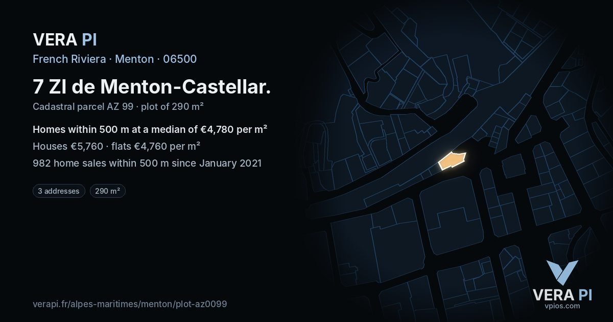 7 ZI de Menton-Castellar, Menton at night – the plot lit, the parcels around coloured by the prices near them