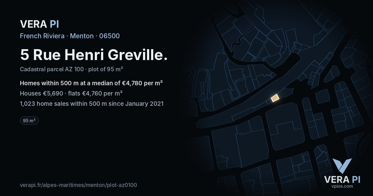 5 Rue Henri Greville, Menton at night – the plot lit, the parcels around coloured by the prices near them