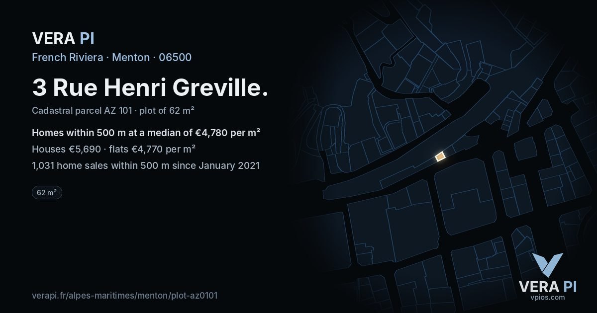 3 Rue Henri Greville, Menton at night – the plot lit, the parcels around coloured by the prices near them