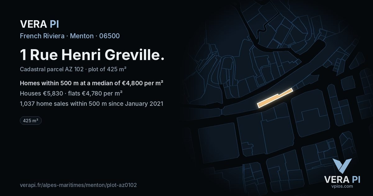 1 Rue Henri Greville, Menton at night – the plot lit, the parcels around coloured by the prices near them