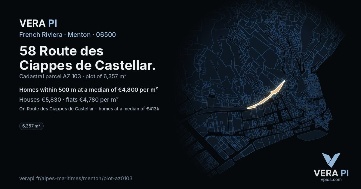58 Route des Ciappes de Castellar, Menton at night – the plot lit, the parcels around coloured by the prices near them