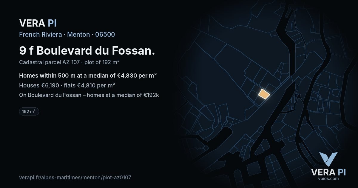9 f Boulevard du Fossan, Menton at night – the plot lit, the parcels around coloured by the prices near them