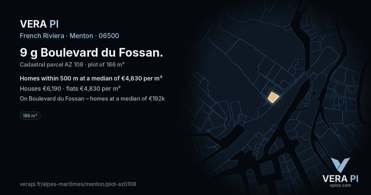 9 g Boulevard du Fossan, Menton at night – the plot lit, the parcels around coloured by the prices near them