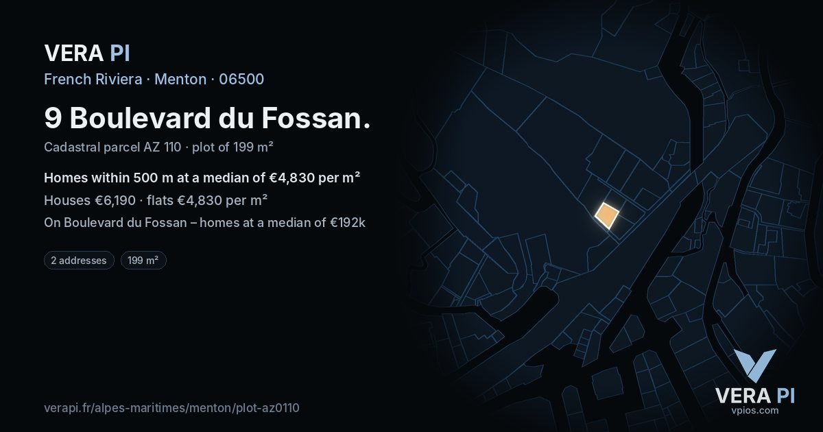 9 Boulevard du Fossan, Menton at night – the plot lit, the parcels around coloured by the prices near them