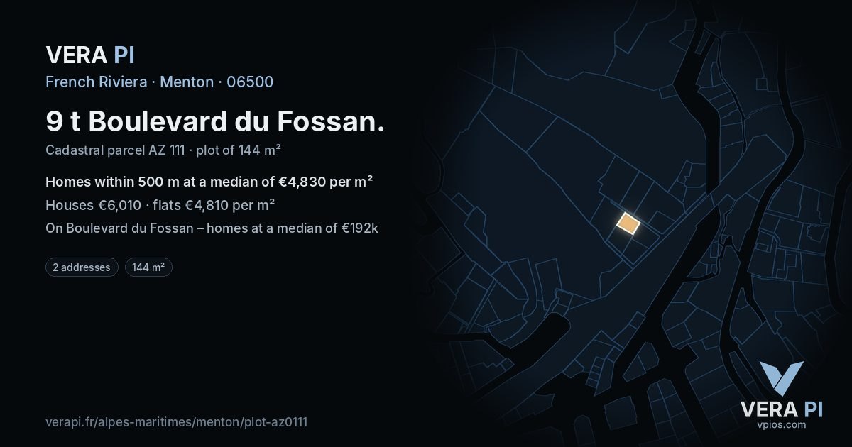 9 t Boulevard du Fossan, Menton at night – the plot lit, the parcels around coloured by the prices near them