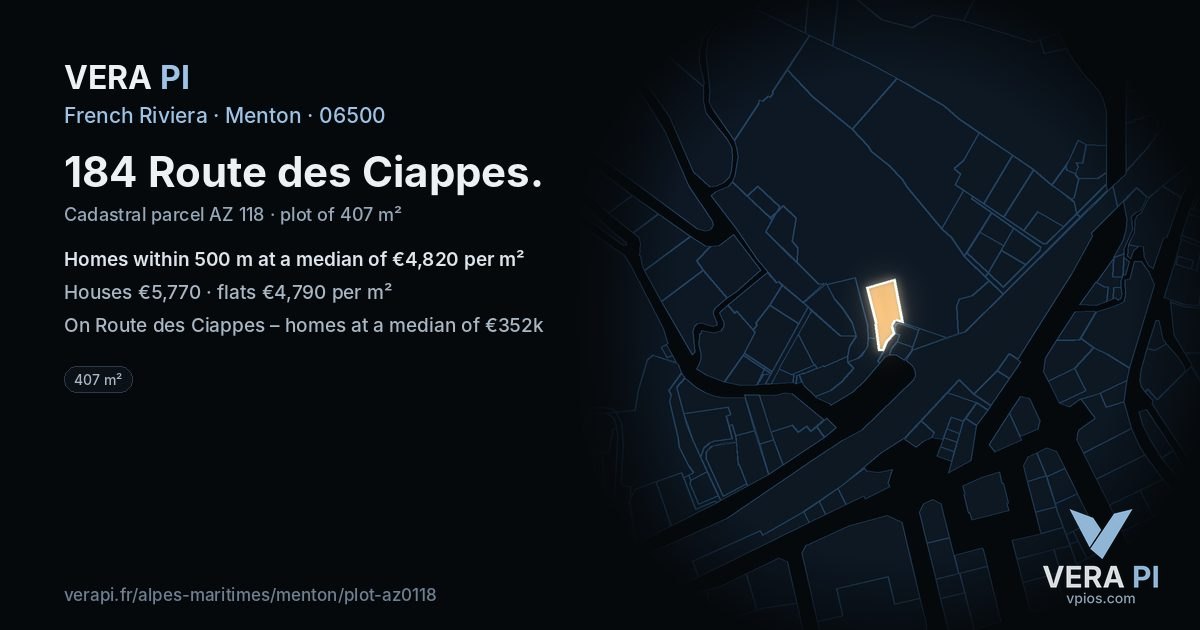 184 Route des Ciappes, Menton at night – the plot lit, the parcels around coloured by the prices near them