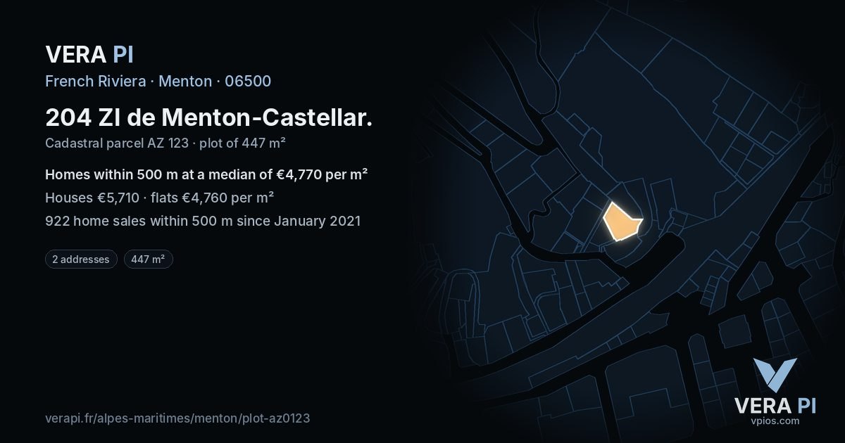 204 ZI de Menton-Castellar, Menton at night – the plot lit, the parcels around coloured by the prices near them