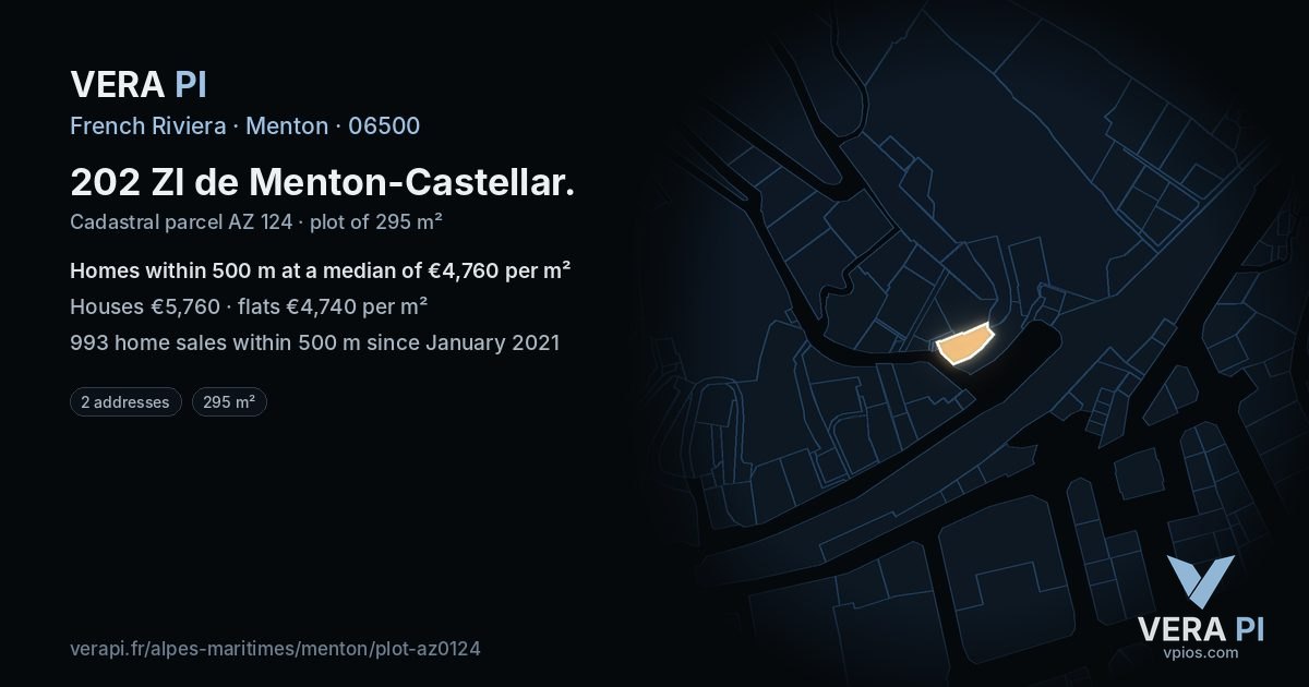 202 ZI de Menton-Castellar, Menton at night – the plot lit, the parcels around coloured by the prices near them