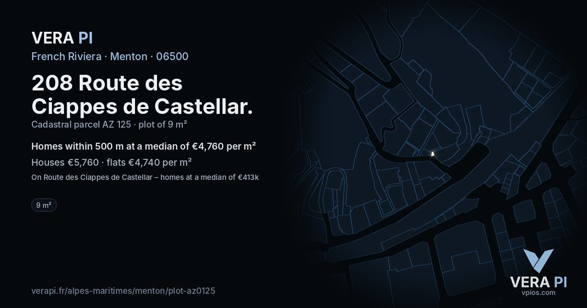 208 Route des Ciappes de Castellar, Menton at night – the plot lit, the parcels around coloured by the prices near them