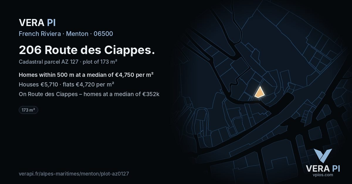 206 Route des Ciappes, Menton at night – the plot lit, the parcels around coloured by the prices near them