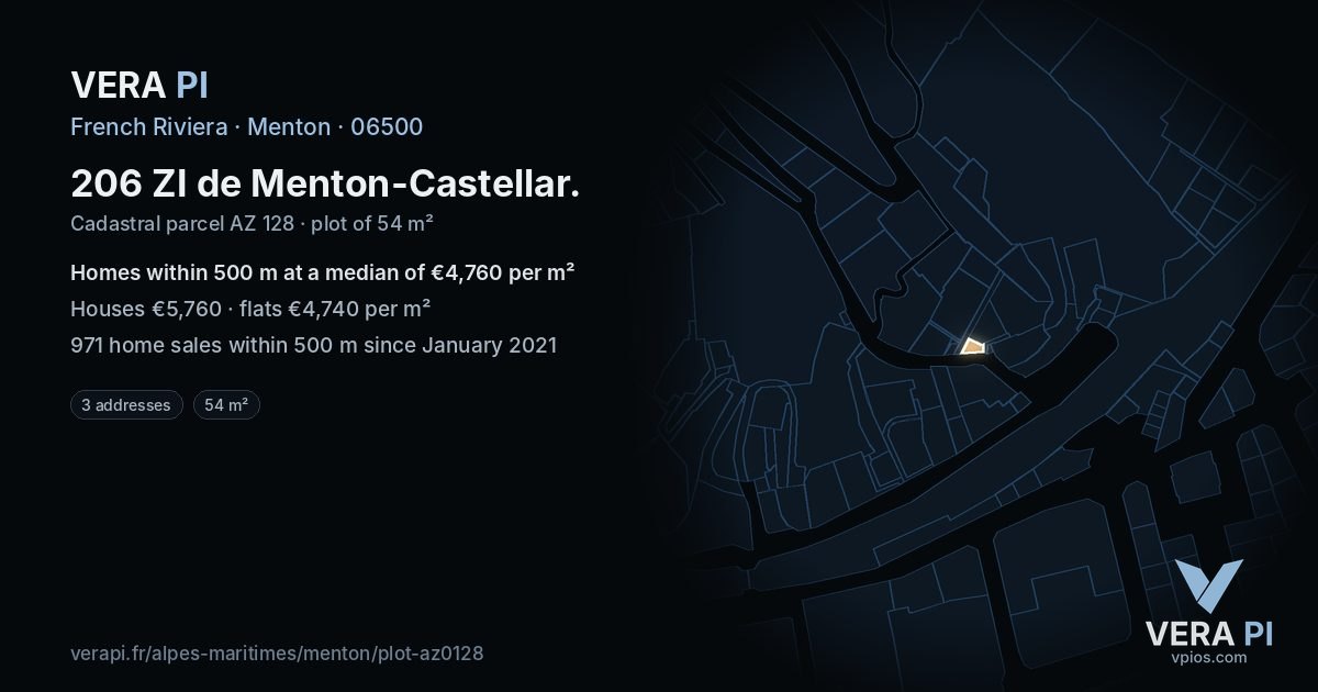 206 ZI de Menton-Castellar, Menton at night – the plot lit, the parcels around coloured by the prices near them