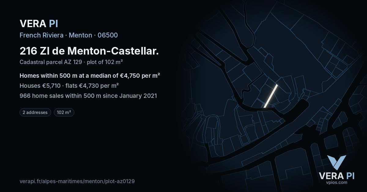 216 ZI de Menton-Castellar, Menton at night – the plot lit, the parcels around coloured by the prices near them