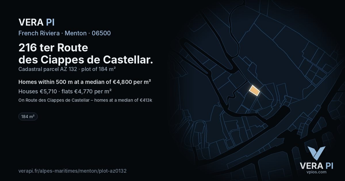 216 ter Route des Ciappes de Castellar, Menton at night – the plot lit, the parcels around coloured by the prices near them