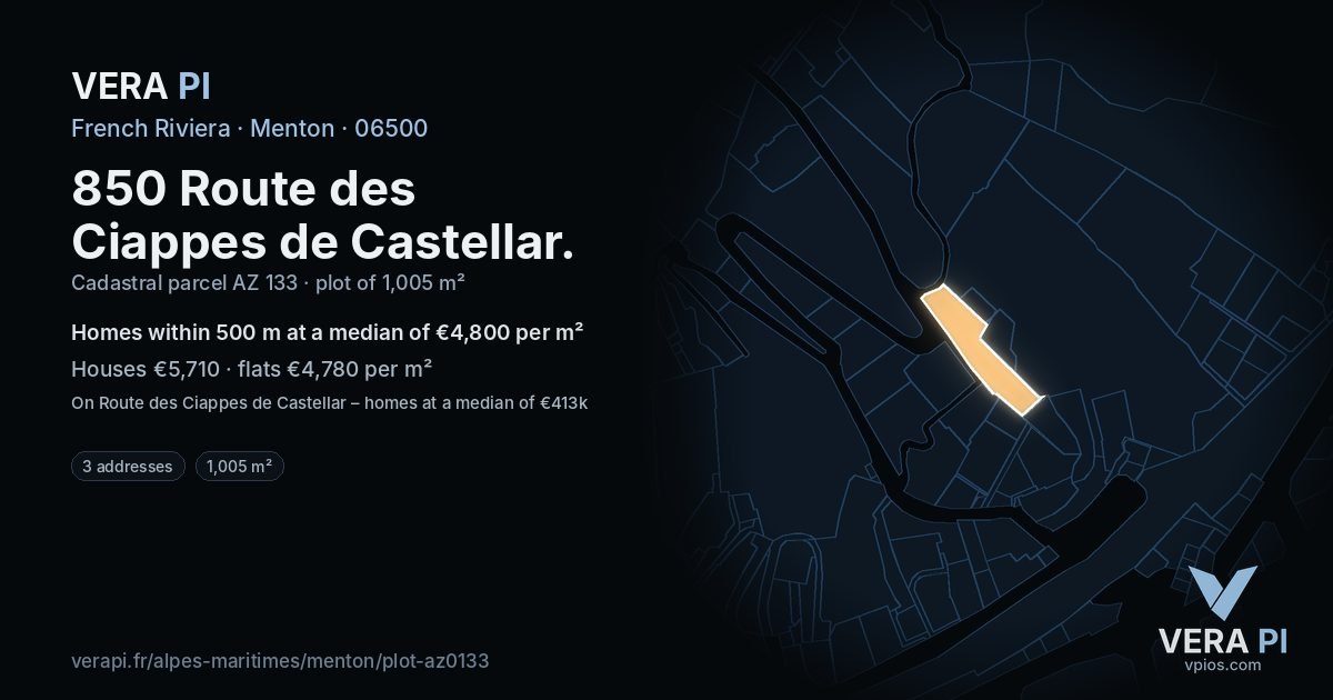 850 Route des Ciappes de Castellar, Menton at night – the plot lit, the parcels around coloured by the prices near them