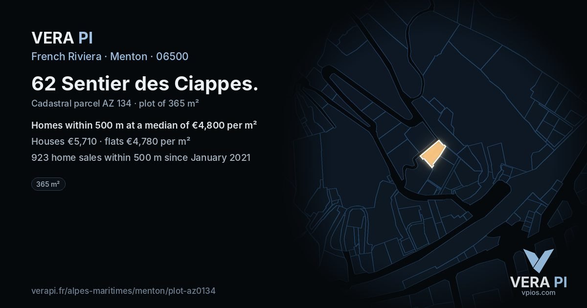 62 Sentier des Ciappes, Menton at night – the plot lit, the parcels around coloured by the prices near them