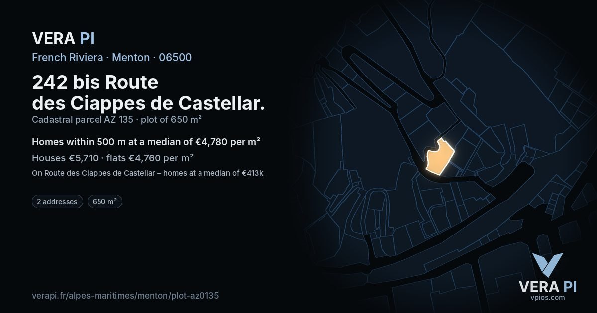 242 bis Route des Ciappes de Castellar, Menton at night – the plot lit, the parcels around coloured by the prices near them