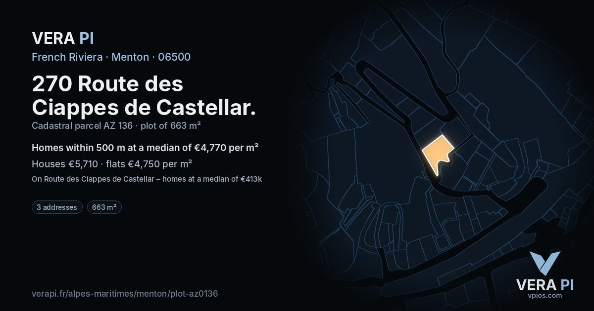 270 Route des Ciappes de Castellar, Menton at night – the plot lit, the parcels around coloured by the prices near them
