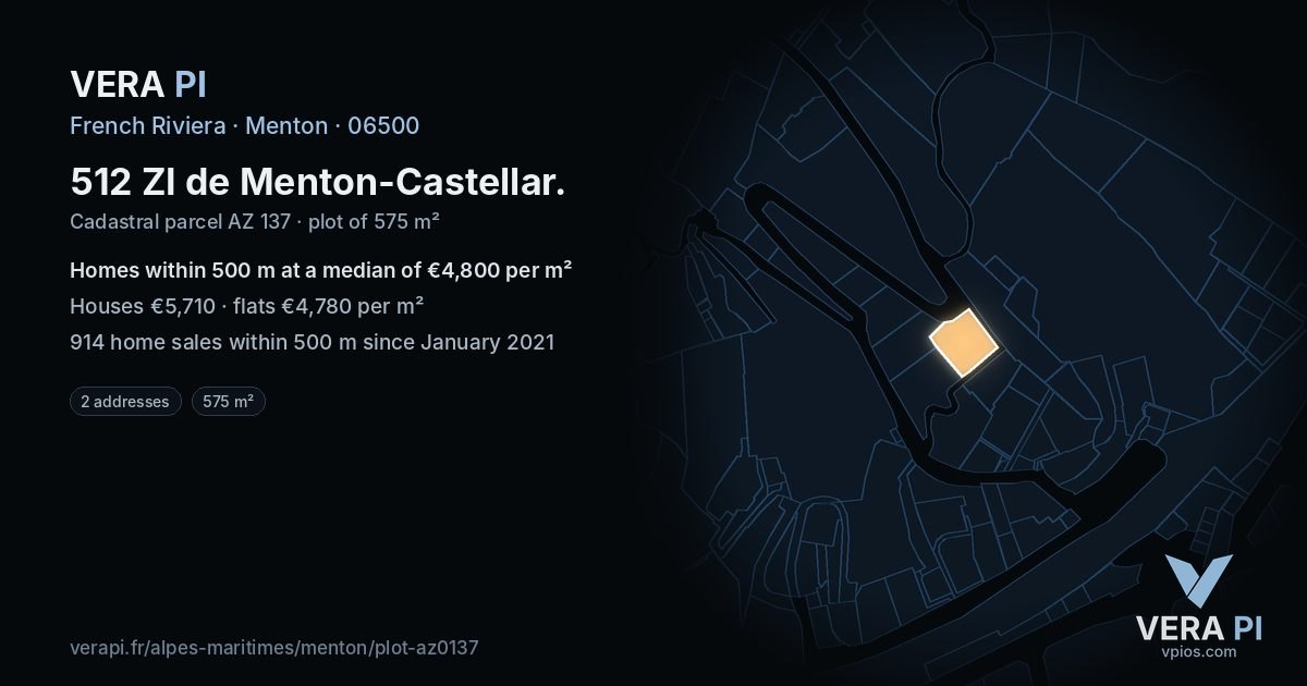 512 ZI de Menton-Castellar, Menton at night – the plot lit, the parcels around coloured by the prices near them