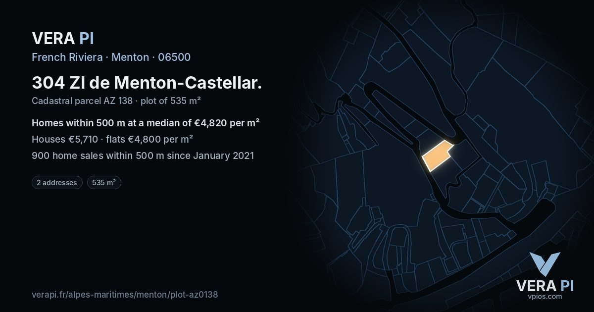 304 ZI de Menton-Castellar, Menton at night – the plot lit, the parcels around coloured by the prices near them