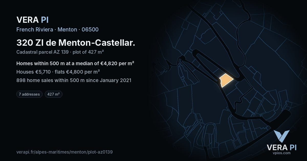 320 ZI de Menton-Castellar, Menton at night – the plot lit, the parcels around coloured by the prices near them