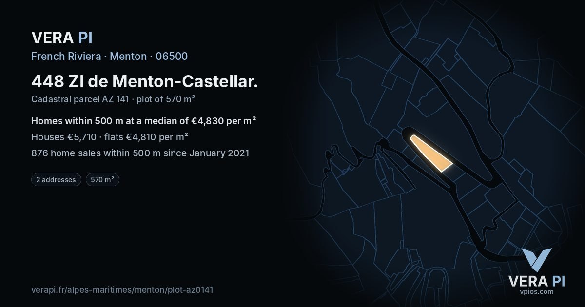 448 ZI de Menton-Castellar, Menton at night – the plot lit, the parcels around coloured by the prices near them