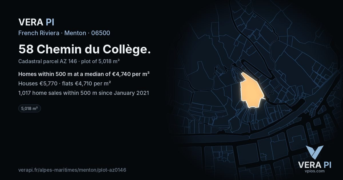 58 Chemin du Collège, Menton at night – the plot lit, the parcels around coloured by the prices near them