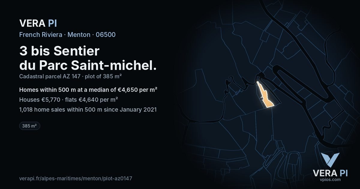 3 bis Sentier du Parc Saint-michel, Menton at night – the plot lit, the parcels around coloured by the prices near them
